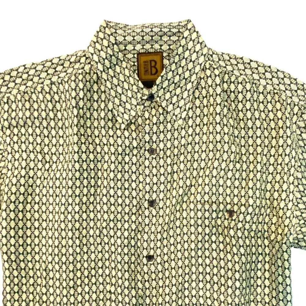 Vintage Bruno 100% silk short sleeve shirt Mens Medium green cream diamonds